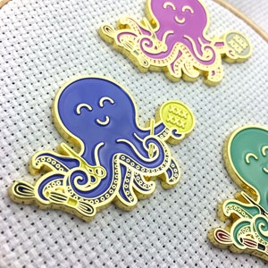 Stitching Octopus Magnetic Enamel Needle Minder | Embroidery Octopus holding needle, floss, hoop & stork scissors in Pink Purple or Green