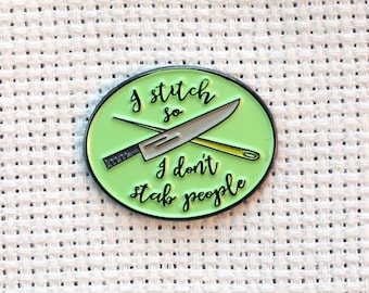 I Stitch So I Don't Stab People Needle Minder with Knife and Sewing Needle| Funny Enamel Needleminder for Cross Stitch Embroidery Quilting