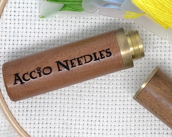 Accio Needles Engraved Needle Case: Snarky Embroidery Cross Stitch Quilting Custom Solid Wood Brass Screw Top Needle Storage Tube Container