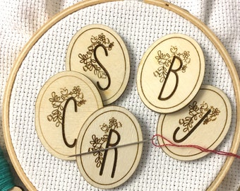 Floral Monogram Personalized Needle Minders | Custom A-Z Letter with Flower Vine Oval Engraved Wooden Needleminders