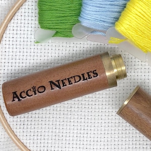 Accio Needles Engraved Needle Case: Snarky Embroidery Cross Stitch Quilting Custom Solid Wood Brass Screw Top Needle Storage Tube Container