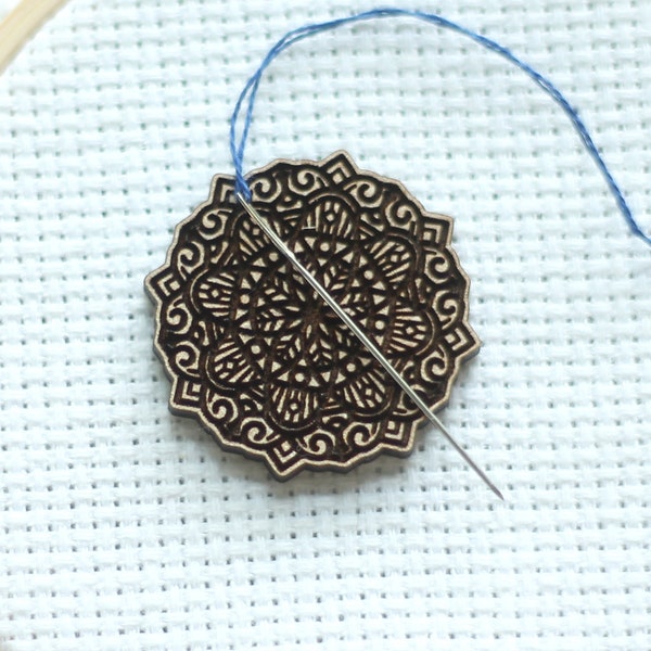 Pretty Mandala Engraved Wooden Needle Minders | Hindu Buddhist Geometric Needleminder | Floral Pattern Magnetic Wood Needle Nanny