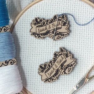 Stitch & Bitch Engraved Wooden Needle Minders | Cross Stitch Embroidery Lovers Needleminder | Snarky Floral Banner Magnetic Wood Minder