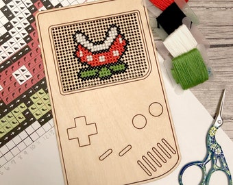 Stitchable Wooden Retro Video Game Handheld Console | Cross Stitch & Embroidery Perforated Electronic Computer Wood  | Plywood Needlepoint