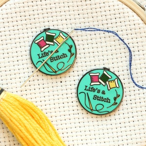 Life's a stitch Magnetic Needle Minder | Sarcastic Cross Stitch or Embroidery Hoop Hard Enamel Needleminder | Teal w/ Bobbins Needle Holder