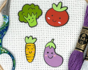 Happy Veggies Magnetic Enamel Needle Minders:  Cute Broccoli, Carrot, Eggplant, Tomato Needleminders | Smiling Vegan & Vegetarian Magnets