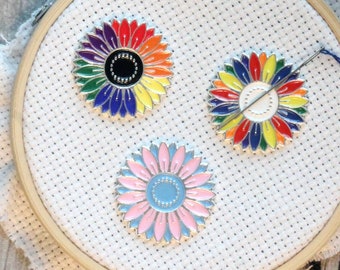 Charitable Rainbow Daisy Flowers Enamel Needleminders | LBGTQ+ GLAD Charity Support Magnetic Embroidery Needle minder | Trans Gay Queer Ally