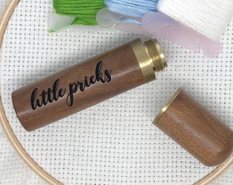 Little Pricks Engraved Needle Case: Snarky Embroidery Cross Stitch Quilting Custom Solid Wood Brass Screw Top Needle Storage Tube Container