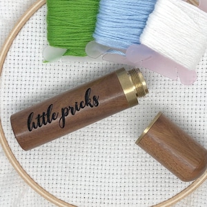 Little Pricks Engraved Needle Case: Snarky Embroidery Cross Stitch Quilting Custom Solid Wood Brass Screw Top Needle Storage Tube Container