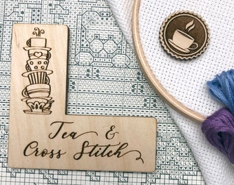 Tea & Cross Stitch Pattern Marker + Needle Minder Bundle | Magnetic Engraved Wooden Place Keeper | Teacup X-Stitch Lovers Gift Idea