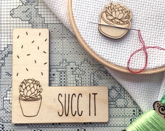 Pattern Marker & Needle Minder Bundle: "Succ It" Succulent Cactus Magnetic Engraved Wooden Cross Stitch Place Keeper | Snarky Potted Plant