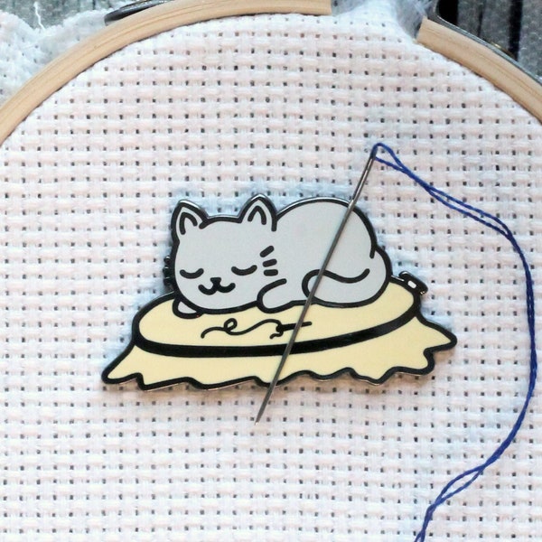 Sleepy Kitty On Embroidery Hoop Magnetic Enamel Needle Minder | Grey Cat on Cross Stitch Needleminder | Cute Kitten Sleeping Magnet Holder