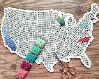Stitchable Wooden US State Map | Cross Stitch & Embroidery United States Perforated Wood Map | Plywood Needlepoint Wedding or Moving Gift