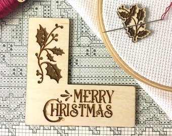 Pattern Marker & Needle Minder Bundle: "Merry Christmas" Holly Holidays Magnetic Engraved Wooden Cross Stitch Place Keeper | X-Mas Gift