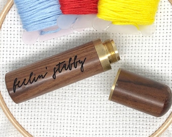 Feeling Stabby Engraved Needle Case: Snarky Embroidery Cross Stitch Quilting Custom Solid Wood Brass Screw Top Needle Storage Tube Container