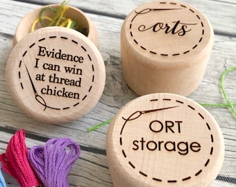 ORT Jar Engraved Thread Storage: Snarky Embroidery Cross Stitch Quilting Custom Solid Wood Scrap Floss