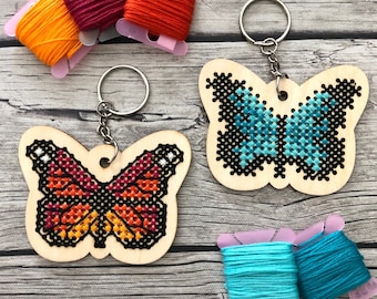 Stitchable Wooden Butterfly Keychains (Set of 3) with sample patterns | Monarch Cross Stitch Embroidery Needlepoint Easy Perforated Wood