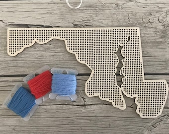 Stitchable Wooden Maryland States Silhouette | Cross Stitch & Embroidery United Perforated Wood Map | Plywood Needlepoint