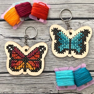 Stitchable Wooden Butterfly Keychains (Set of 3) with sample patterns | Monarch Cross Stitch Embroidery Needlepoint Easy Perforated Wood