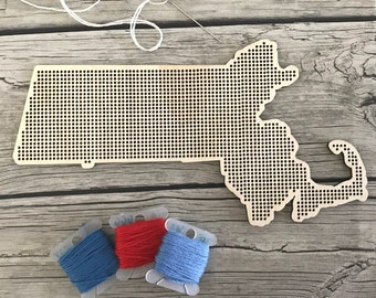 Stitchable Wooden Massachusetts States Silhouette | Cross Stitch & Embroidery United Perforated Wood Map | Bay State Plywood Needlepoint