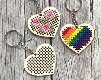 Stitchable Wooden Heart Keychains (Set of 3) with Rose/Rainbow patterns | Cross Stitch Embroidery Perforated  Wood  | Plywood Needlepoint