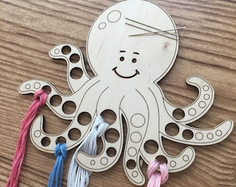 Magnetic Octopus Embroidery Floss Organizer & Needle Minder | Cute 19 Color Thread and Pin Holder Wooden Bobbin | Cross Stitch Needlepoint