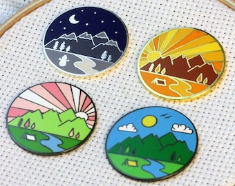 Four Seasons Magnetic Enamel Needle Minder (Set of 4)  Fall, Spring, Summer, Winter | Outdoor Mountains Travel Sunrise Sunset Needleminder