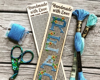 Stitchable Wooden Bookmarks "Handmade with Love (and cuss words)" | Cross Stitch & Embroidery Wood Book Marker | Plywood Needlepoint