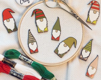 Gnomes Enamel Needle Minders | Scandinavian Christmas Elf Leprechaun Needleminder | Little Holiday Red Green Gnome Magnetic Needle Nanny