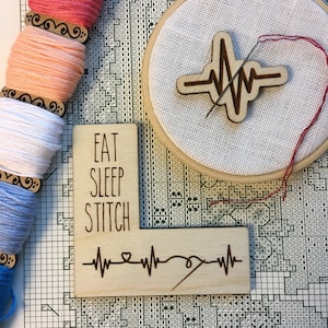 Pattern Marker & Needle Minder Bundle: "Eat Sleep Stitch" EKG Magnetic Engraved Wooden Cross Stitch Place Keeper | Snarky Heartbeat