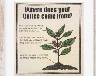 Sarcastic Decaf Coffee Cross Stitch Pattern | Where does your coffee come from?  Coffee Comes from Beans Decaf Comes from Dirt Diagram