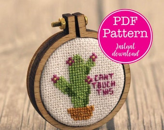 Flowering Cactus "Can't Touch This" Cross Stitch Pattern | Succulent Sarcastic XStitch Design | Cactus Cross Stitch