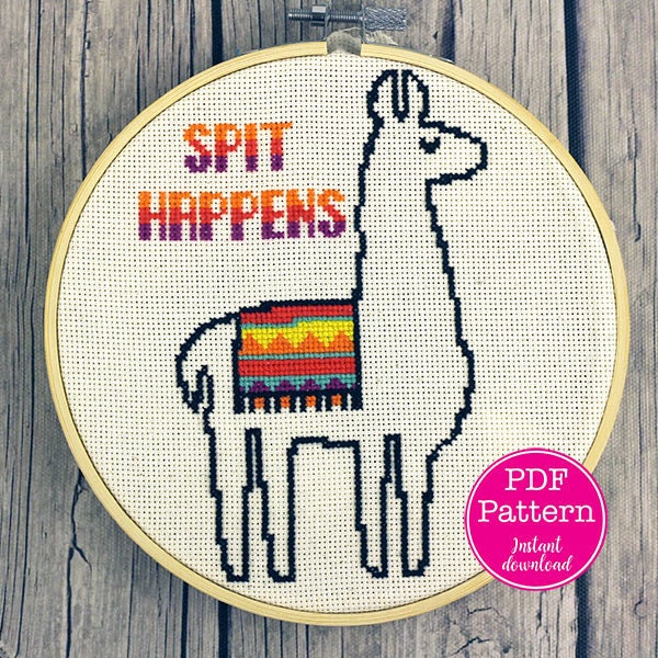 Spit Happens Patrón de punto de cruz de llama sarcástica / Diseño de punto de cruz de alpaca sarcástico / Spit Happen