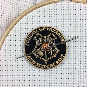 Exclusive: "School of Wizardry & Stitchcraft"  Needle Minder (Aged Bronze Finish) | Wizard and Witchcraft Needle Magnet | Needle Nanny