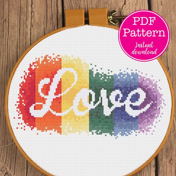 Rainbow Watercolor Love Valentine's Day Cross Stitch Pattern | ROYGBV Striped LGBTQ Pride script text| Romantic Gift X-Stitch Design