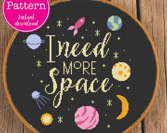 I Need More Space Funny Cross Stitch Pattern | Cute Planets and Rockets Spaceship on Black or White Fabric | Easy Beginner XStitch PDF