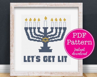 Let's Get Lit - Menorah Hanukkah Snarky Cross Stitch Sampler |  Chanukah Sarcastic X-Stitch | Jewish Holiday Cross Stitch Pattern