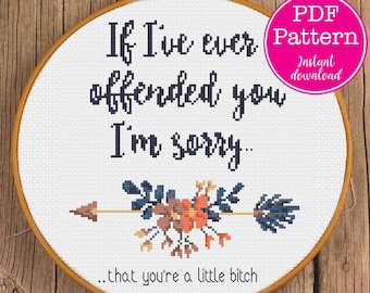 I'm sorry you're a little b-tch Sarcastic Floral Cross Stitch Design | If I've ever offended you, I'm sorry Snarky Sweary XStitch Pattern