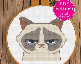 Grumpy Cat Portrait Cross Stitch Pattern | Frowning Grouchy Cat Cross Stitch Design | Cute Meme Kitty XStitch