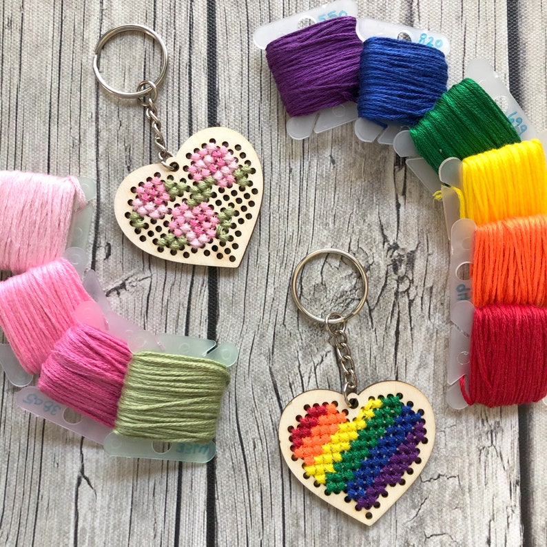 Stitchable Wooden Heart Keychains Set of 3 with Rose/Rainbow patterns Cross Stitch Embroidery Perforated Wood Plywood Needlepoint image 2