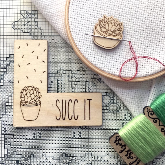 Pattern Marker & Needle Minder Bundle: "Succ It" Succulent Cactus Magnetic Engraved Wooden Cross Stitch Place Keeper | Snarky Potted Plant