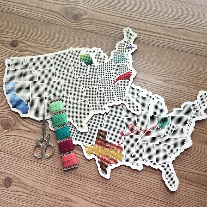 Stitchable Wooden US State Map Cross Stitch & Embroidery United States Perforated Wood Map Plywood Needlepoint Wedding or Moving Gift image 3