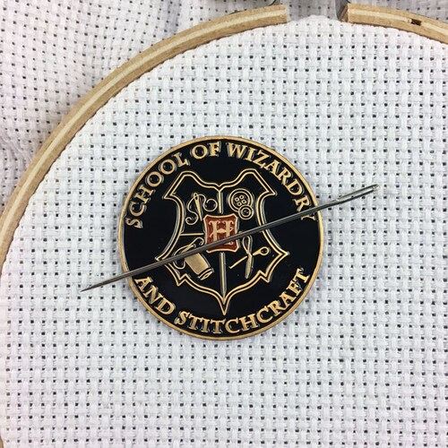 Exclusive: "School of Wizardry & Stitchcraft"  Needle Minder (Aged Bronze Finish) | Wizard and Witchcraft Needle Magnet | Needle Nanny