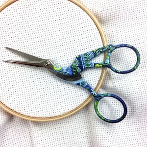 Blue Floral Stork Embroidery Scissors | Small Fine Tip Egret Heron Bird Sewing Scissors | Blue & Yellow Colorful Cross Stitch Thread Snips