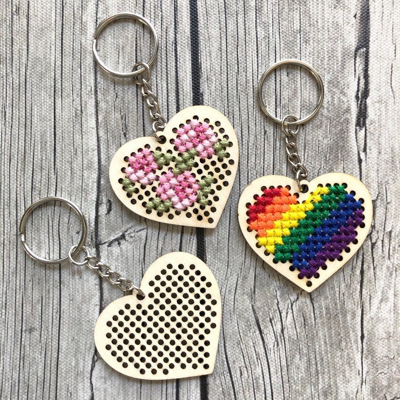 Stitchable Wooden Heart Keychains Set of 3 with Rose/Rainbow patterns Cross Stitch Embroidery Perforated Wood Plywood Needlepoint image 1