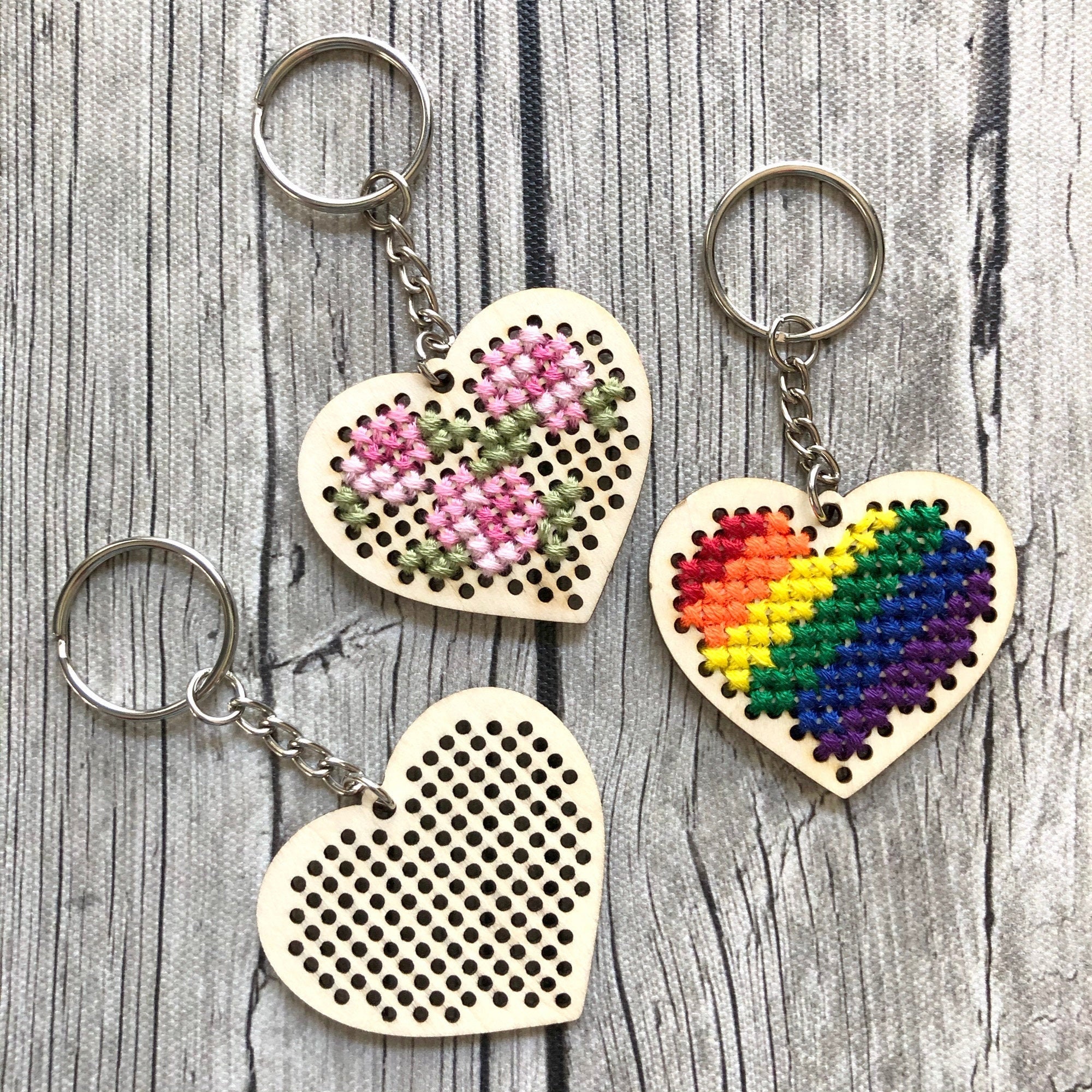Stitchable Wooden Heart Keychains (set of 3) With Rose/rainbow