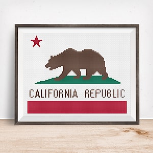 California Flag Cross Stitch Pattern | Easy Bear Flag: Full Stitches Only X-Stitch Design| State Banner Cali Republic CrossStitch