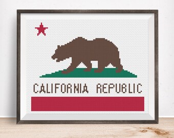 California Flag Cross Stitch Pattern | Easy Bear Flag: Full Stitches Only X-Stitch Design| State Banner Cali Republic CrossStitch