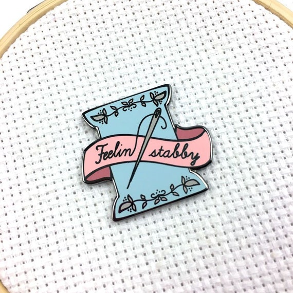 Hard Enamel Feeling Stabby Magnetic Needle Minder | Needle & Spool of Thread Sarcastic Needleminder | Cross Stitch Stabbing