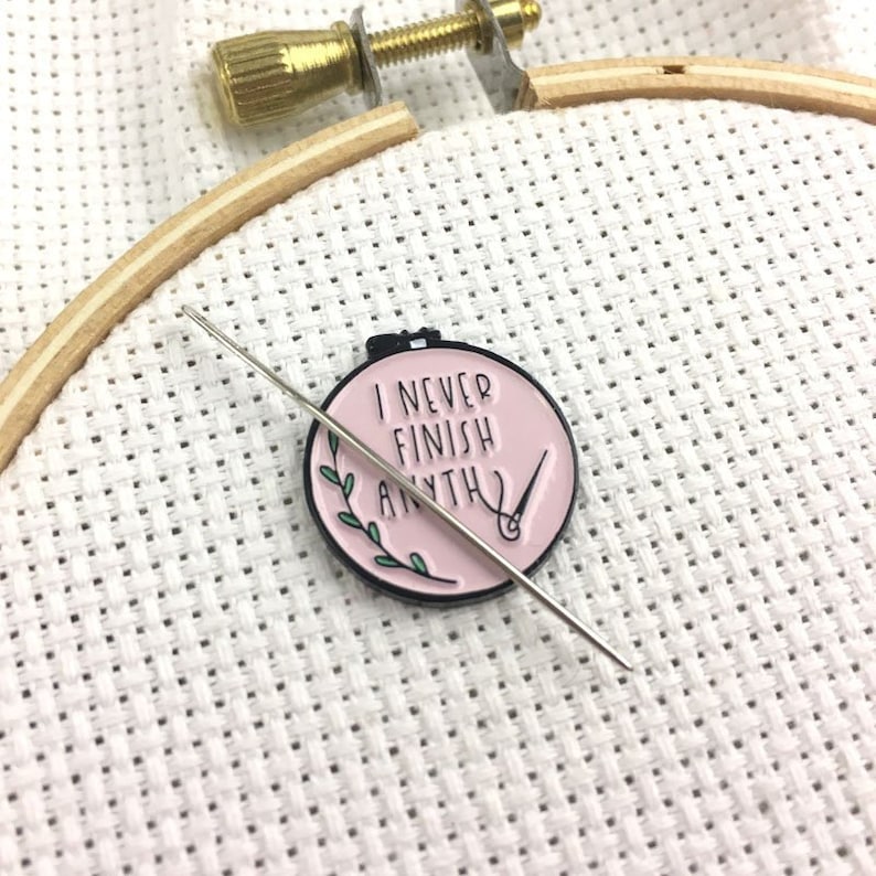 EXCLUSIVE I Never Finish Anything Magnetic Needle Minder Sarcastic Embroidery Hoop Soft Enamel Needleminder Funny WIP Needle Holder image 1